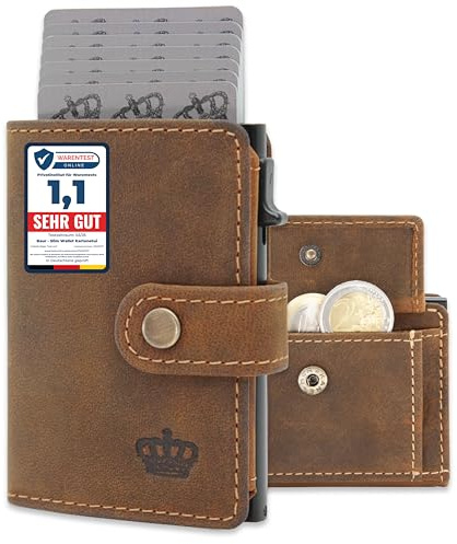 Baur Slim Wallet aus echtem Leder – Kreditkartenetui mit Aluminium Pop-Up Case & RFID-Schutz – Kleine Geldbörse für Herren mit Münzfach – Smart Wallet (Münzfach mit Druckknopf, Büffelleder Braun)