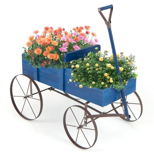 RELAX4LIFE Carriola Porta Fiori/Carrello dei Fiori/Fioriera in Legno di Abete con Ruote e Maniglia Regolabile e Portata di 15 kg, per Esterno e Interno (BLU)