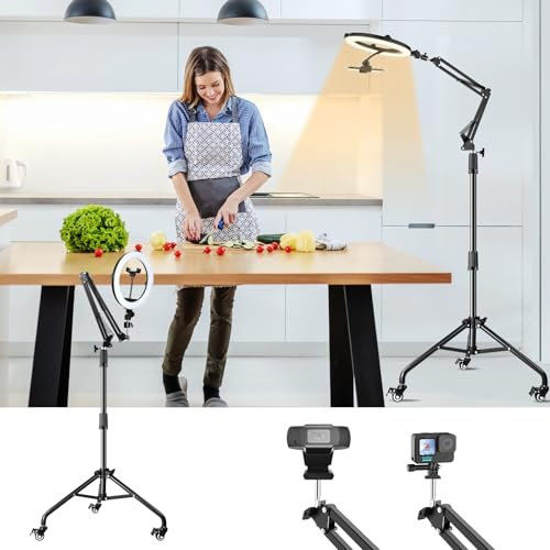 ZIKZOK Trípode de teléfono superior para cocinar videos con ruedas, anillo de luz con soporte para teléfono, soporte para cámara de teléfono con luz selfie para grabación de video, transmisión, vlog,