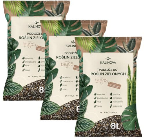KALINOVA Leichte Erde für Grünpflanzen 3x8L - 24L - Blumenerde für Zimmerpflanzen, Balkonpflanzen, Monstera, Zamiokulkas, Ficus, Palmen - Pflanzerde - Zimmerpflanzenerde