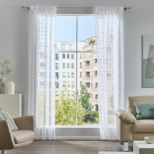Como Gardinen 2er Set Vorhänge Weiß Puschel 245 x 135 cm - Halbtransparente, lichtdurchlässige Schlaufenschals aus Polyester für Wohnzimmer, Kinderzimmer, Schlafzimmer, Büro
