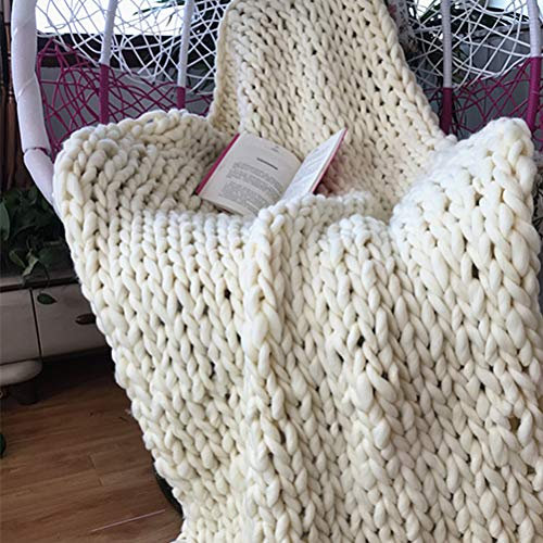 Home Chunky Knit Blanket Throw, Thick Soft Yarn Chunky Throw, Handmade Cable Knitted Crochet Throw Blanket, Warm Rope Knot Blanket for Couch Bed Sofa (White 50 * 50cm)