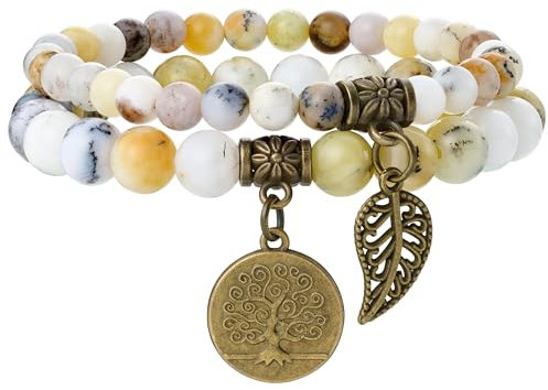 Farfume Chakra Armbänder für Frauen - Kristalle Armband Frauen natürliche Edelsteine Yoga Reiki - Ein Set von Doppel-Armbänder(Dendritischer Opal & Lebensbaum(Mittel)