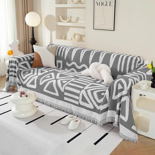 Royhom Couch Überzug 2/3/4 Sitzer, Sofa Überzug Ecksofa, Sofabezug L Form, Chenille Sofaüberwurf, Couch Überwurf mit Deko Quasten, Grau Sofa Überwurf(Boho Dunkelgrau, 230x380cm)