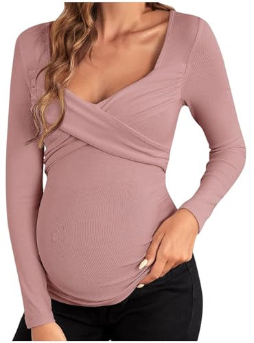 WOXIHUAN Maglietta Allattamento Premaman Scollo a v Maglia Manica Lunga Abiti Premaman Donna T-Shirt Camicia di maternità Gravidanza Camicetta Donna Elegante Regali per la Moglie Rosa L