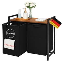 LUXEHIVE Wäschekorb 2 Fächer mit stabiler Ablage – Wäschesammler 2 Fächer mit 50-L-Wäschesäcken aus Oxford-Gewebe – Wäschekorb schwarz - Wäschebox mit Deckel für perfekte Ordnung