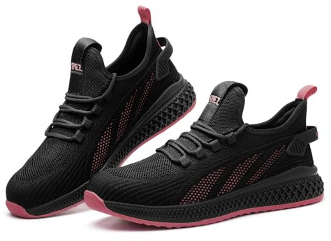 SPIEZ Antismashing Sicherheitsschuhe Damen Leicht, Pannensichere Arbeitsschuhe ohne Stahlkappe, Atmungsaktiver Sportlich Sicherheits-Sneaker für die Arbeit und den Alltag, 35 EU, Schwarz/Rosa