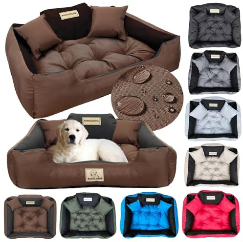 KING DOG Lit pour Grands Chiens L 100 x 75 cm Personnalisable avec Nom Coussin Imperméable Déhoussable Lavable Canapé Confortable Moelleux Douillet Antidérapant Fabriqué en UE Couleur Brun