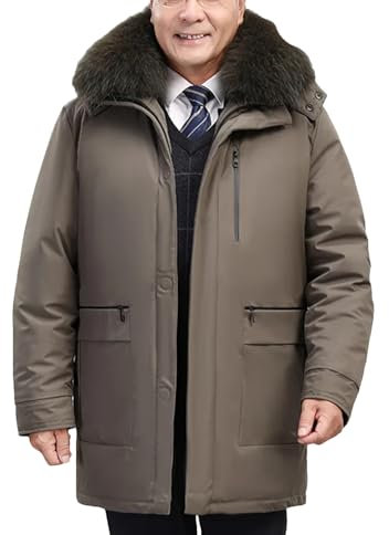 Herren Warmer Parka Daunenjacke Langer Wintermantel mit abnehmbarer Kapuze Kunstfellbesatz, khaki, S