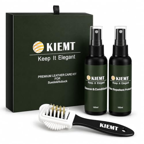 KIEMT Premium Suede & Nubuck Care Kit — Leather Cleaner Conditioner + Water Repellent Protector Spray + Suede Brush | Restores, Cleans & Waterproofs Shoes, Boots, Bags, Sofas | Luxury Gift Set