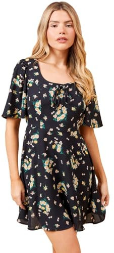 Dorothy Perkins Black Floral Tie Front Angel Sleeve Mini Dress, 14, Black
