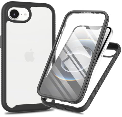 Lvnarery Schutzhülle für iPhone SE 4 2024, integrierter Displayschutz, militärische Qualität, stoßfest, transparent, 360 Grad, Rundumschutz, robuste Stoßstange, Schwarz
