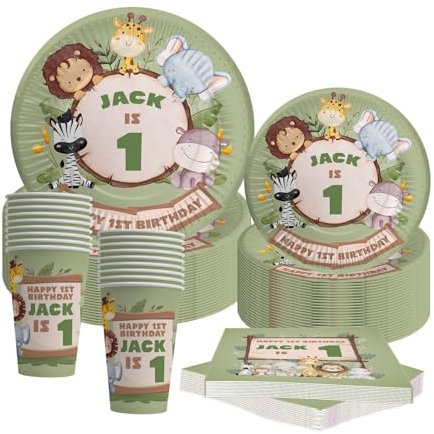 1st Birthday party decorations WILD ONE Safari Jungle Theme Photo Party Plates Cups and Napkins, Birthday decorations tableware pack of 24
