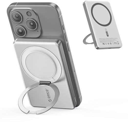 ORICO Kada Batería Externa MagSafe 5000mAh, Ultra Delgada con Soporte Plegable, Carga Rápida 20W PD, Compatible con iPhone 17/16/15/14/13/12 Pro/MAX/Plus/Mini, Plata - KD5S