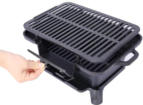 Cast Iron Grill, Portable Charcoal Grill & Tabletop Skillet, Durable Enameled Cast Iron, Scratch-Resistant, Built-In Vent for Temperature, Ideal for Camping, Picnics,A