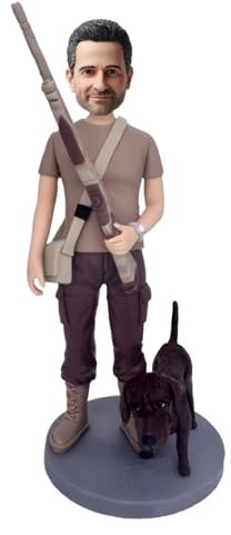 Personalisierte Jäger-Figur mit Wackelkopf, 15,2 - 20,3 cm, mit Gewehr und Hund, basierend auf Ihrem Foto, handgefertigtes Geschenk für Geburtstag, Büro, Heimdekoration, Sammlerstück, Souvenir