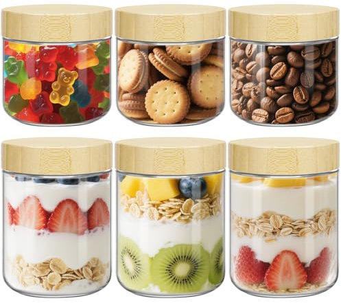 UHAPEER 300ml & 480ml Overnight Oats Jars, Set of 6, Glass Containers With Lids, Glass Jars With Airtigh Lids, Round Kitchen Overnight Oats Container, Storage for Yogurt Pot Spice Coffee Sugar Cereals