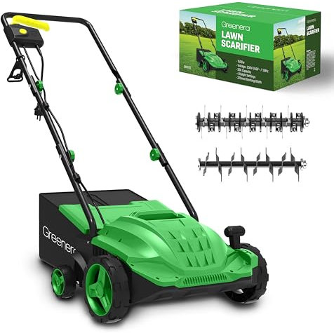 Aireador eléctrico de 1500 W, 1500 W, 1500 W, rastrillo de césped, caja de recogida de 32 cm, ancho de trabajo, 4 alturas de escarificación ajustables, 2 rodillos intercambiables, asas plegables, 10 m