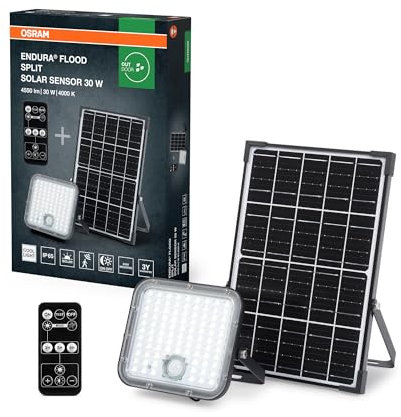Osram LED-Solar-Außenleuchte Endura Outdoor schwarz mit Flutlicht und Solar-Panel, 5 m langes Kabel, mit Fernbedienung und PIR-Bewegungsmelder, 30 W, 4500 lm, 840, 4000 K Lichtfarbe, EEK A