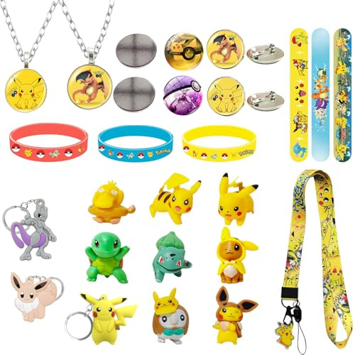 Moocuca Spielzeug 24 Stück Party-Mitgebsel – Inkl. 8 Cartoon-Figuren, 3 Schlüsselanhängern, 2 Halsketten, 6 Armbändern 2 Magneten, 1 Handy-Schlüsselband und 2 Ansteckern