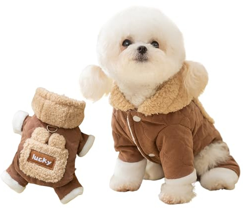 PETCUTE Hundemantel für kleine Hunde mit Fleece Kapuze,Hunde Warme Jacke mit D-Ring für den Winter,Baumwolle,Hundepullover Hundejacke mit Karabinerhakenverschluss,Tasche,Braun,XL