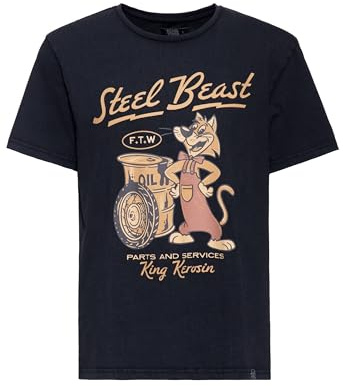 King Kerosin Herren T-Shirt · Oil Washed · Used Look · Vintage · Retro · Patch · Comic Artwork · Print · Garage · Work · Wear · 50s · Fifties · FTW · Rundhals · Steel Beast