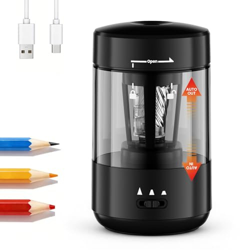 Prolixity Electric Pencil Sharpener for Classroom, Fully Automatic Pencil Sharpener for 6-8mm Pencils & Colored Pencils, Auto in & Out, Type-C Rechargeable Pencil Sharpeners for Home, School, Black