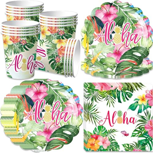 pekifaves Aloha Lot de vaisselle de fête d'anniversaire, assiettes en carton hawaïen, tasses, serviettes, vaisselle pour 16 invités, garçons et filles, feuilles de palmier, guirlande tropicale, fête