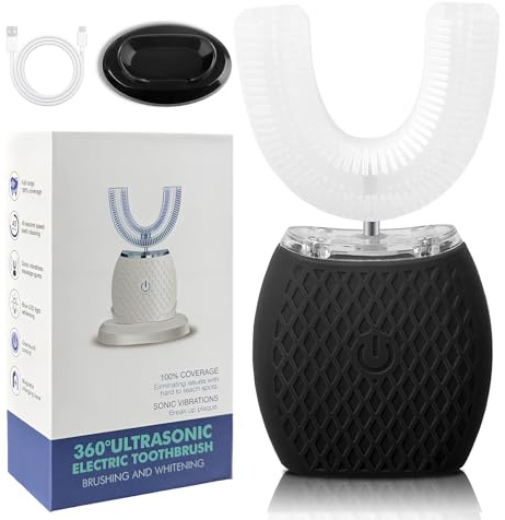 Brosse à Dents Ultrasonique Automatique, Brosse à Dents Électrique avec Nettoyage 360°, Design en U, 4 Modes, Brosse Blanchissante avec Minuteur, Pour Adultes, Nettoyage en Profondeur (Noir)