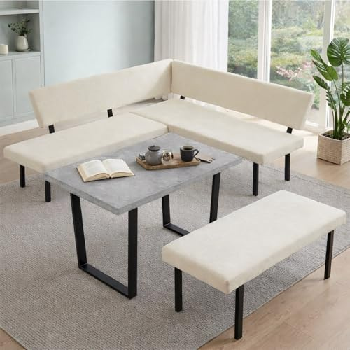 UKETO Eckbankgruppe in L‑Form,Sitzbank für Küche & Esszimmer,Modulare Eckbank mit/ohne Esstisch,Polsterbank,Modern & Platzsparend,4-6 Sitzplätze(White-Gray Desk)