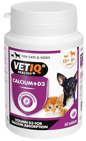VETIQ Calcium + D3 Supplement for Cats & Dogs with Phosphorus | Calcium for Bones & Teeth & D3 For Easy Calcium Absorption, 60 Tablets (Pack of 1)