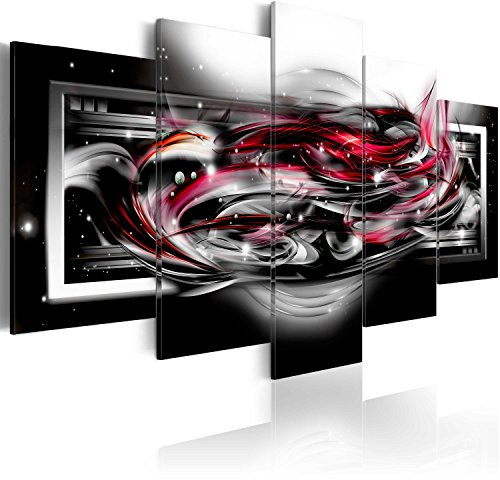 B&D XXL - Wandbilder XXL Abstrakt 200x100cm 5 tlg - Wand Deko Leinwand Bilder Groß Wanddeko Wohnzimmer Schlafzimmer Kunstdrucke - Galaxy schwarz rot silber a-A-0041-b-o