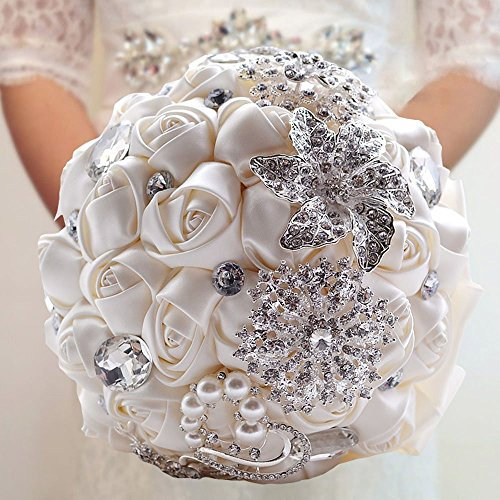 Fouriding Bouquet da Sposa di Lusso Nozza Fiori di Rosa Spilla Strass Diamante Perlato Fiori Artificial Forniture di Nozze Decor