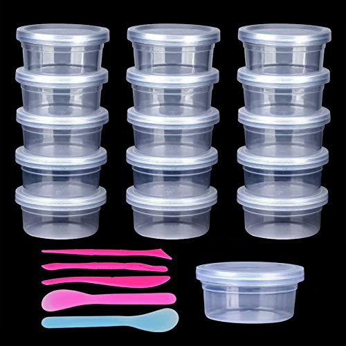 Kulannder Slime Storage Containers for Slime, Foam Ball Beads and Fishbowl Beads, 16 Pack with Lids 4.5oz Capacity, 2pcs Mixing Spoon 3pcs Slime Tools for Slime DIY Art Craft Making