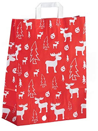 32+12x40cm, Elch, Papiertragetasche, Flachhenkel, Geschenktüte Weihnachten, Weihnachtstüten, Geschenktasche, Rot Größe 250 Stück