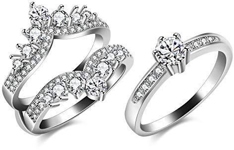 Uloveido Silber Farbe Crown Halo Jubiläum Ring Wache Enhancer Zirkonia Crown Hochzeit Ringe Set (52 (16.6))