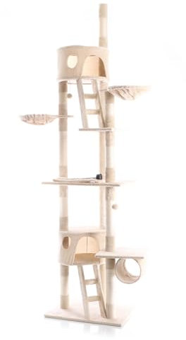 Arbre à Chat 240-260cm en Beige Hauteur Plafond avec Cordes en Sisal Niches et Hamacs Grattoir