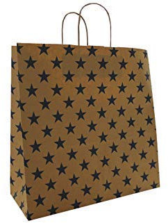 PGV Papiertaschen Papiertüten braun mit Kordel - Sterne BLAU - Verschiedene Größen und Mengen (10 Stück, 35 + 14 x 35 cm)