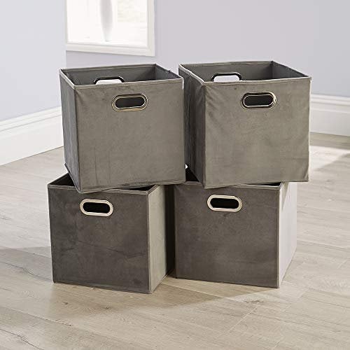 Home Source Cube Storage Boxes, Collapsible Fabric Storage Baskets, Foldable Velvet Organising Boxes, 4 Piece, Soft Grey