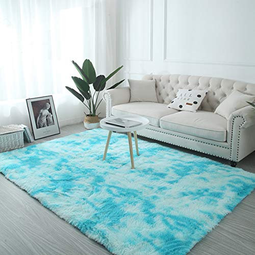 N / A Shaggy-Teppich für Wohnzimmer, rutschfest, weich, Langflor, flauschig, rechteckig, luxuriös, komfortabel, für Wohnzimmer, Schlafzimmer, Fußbodenmatte (Blau Weiß, 120 x 160 cm)