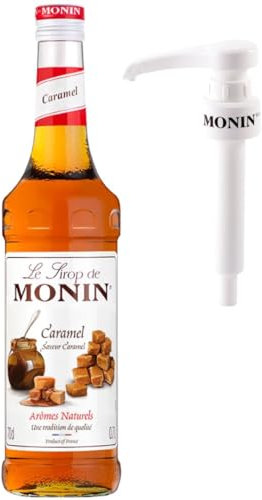 Monin Premium Caramel Syrup 700ml | Caramel Syrup for Coffee and Cocktail Flavouring + Monin Pump