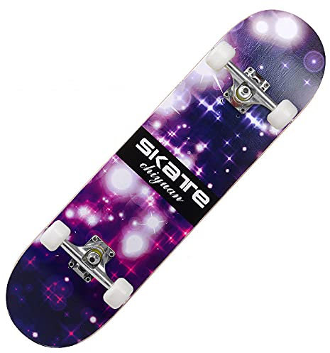 Skateboard Lila Weiße Sterne Skateboard Kinder ab 8 Jahre 80x20cm 7-Lagigem Ahornholz Longboard Double Kick Komplett für Anfänger Jungen Mädchen Erwachsene Profi Penny Board