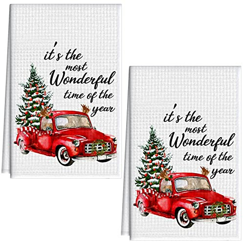 2 Paños de Plato de Camión Rojo de Navidad Toallas de Camiones Rojos Toallas de Gofres de Navidad Trapos Navideños de Mano de Cocina para Decoración de Barra de Baño, 15,7 x 23,6 Pulgadas