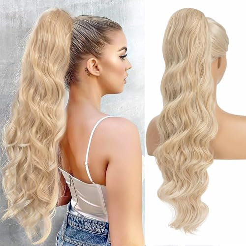 YEESHEDO Pferdeschwanz Haarteil Clip Extensions mit Kordelzug Lang Wellig Blond Haarverlängerunge Natürliche Perücke Afro Lockige Ponytail fuer Zopf (Farbe: 24/613#)
