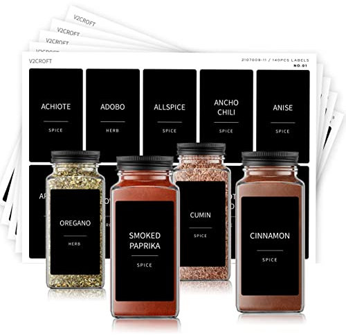 Spice Jar Labels,140 pcs Minimalist Preprinted Black Sticker White Text, Farmhouse Modern Waterproof Label Organization for Glass Bottles Containers, Herb Seasoning, Kitchen Pantry