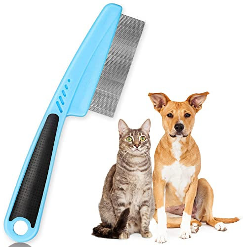 ExceLife Flohkamm für Hunde Katzen, Gummigriff Hundehaarkamm Edelstahl Fellpflege Bürsten zum Entfernen von Tränenflecken, Flöhen, Schuppen, Läusen (Blau)