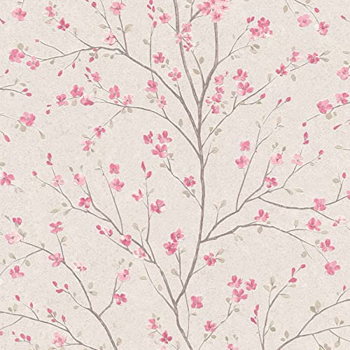 Papier peint fleuri rose & beige pour chambre adulte | Tapisserie florale rose style japonais | Papier peint intissé motif floral romantique