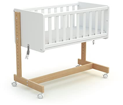 AT4 - Umwandelbare Co-Sleeping-Wiege CONFORT Holz Weiß und Buche Lackiert 40 x 80