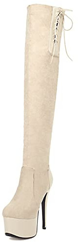 MJIASIAWA Serata Tacco A Spillo Sopra Il Ginocchio Festa Plateau Stivali Stretch Per Donna Tacco Alto Eleganti Vestito Warm Stivali Alti Zip Beige/15Cm Numero 32 Eu