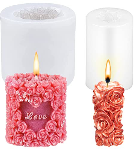 EXCEART 2Pcs Rose Cylindrical Silicone Candle, 3D Love Heart Rose Flower Candle Moulds Pillar Candle Soap Lovely Wedding Candle Molds for Birthday Wedding Anniversary Party Decor